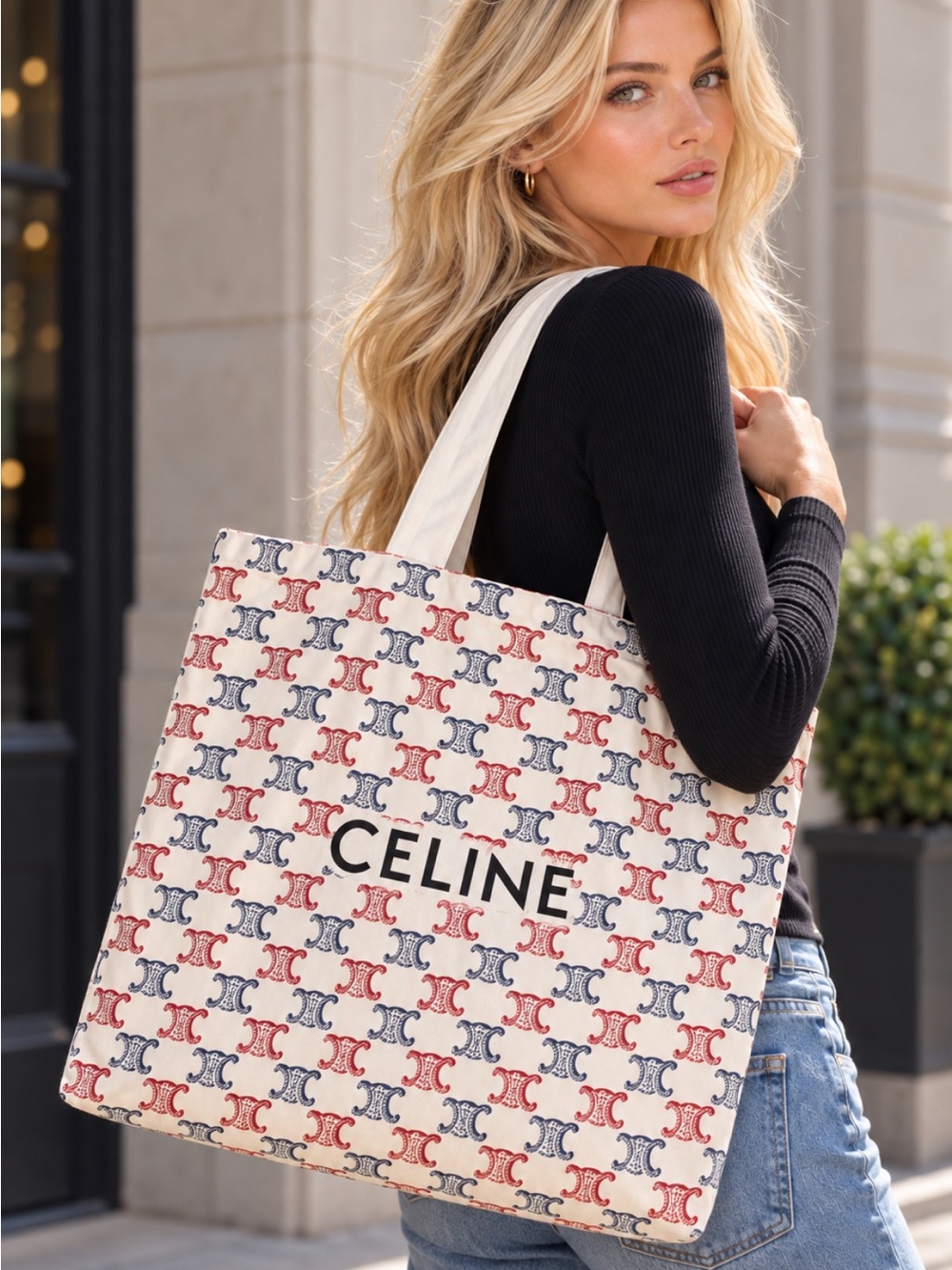 Celine Beige Cloth Tote Bag with Red & Blue Monogram Beauty-GWP